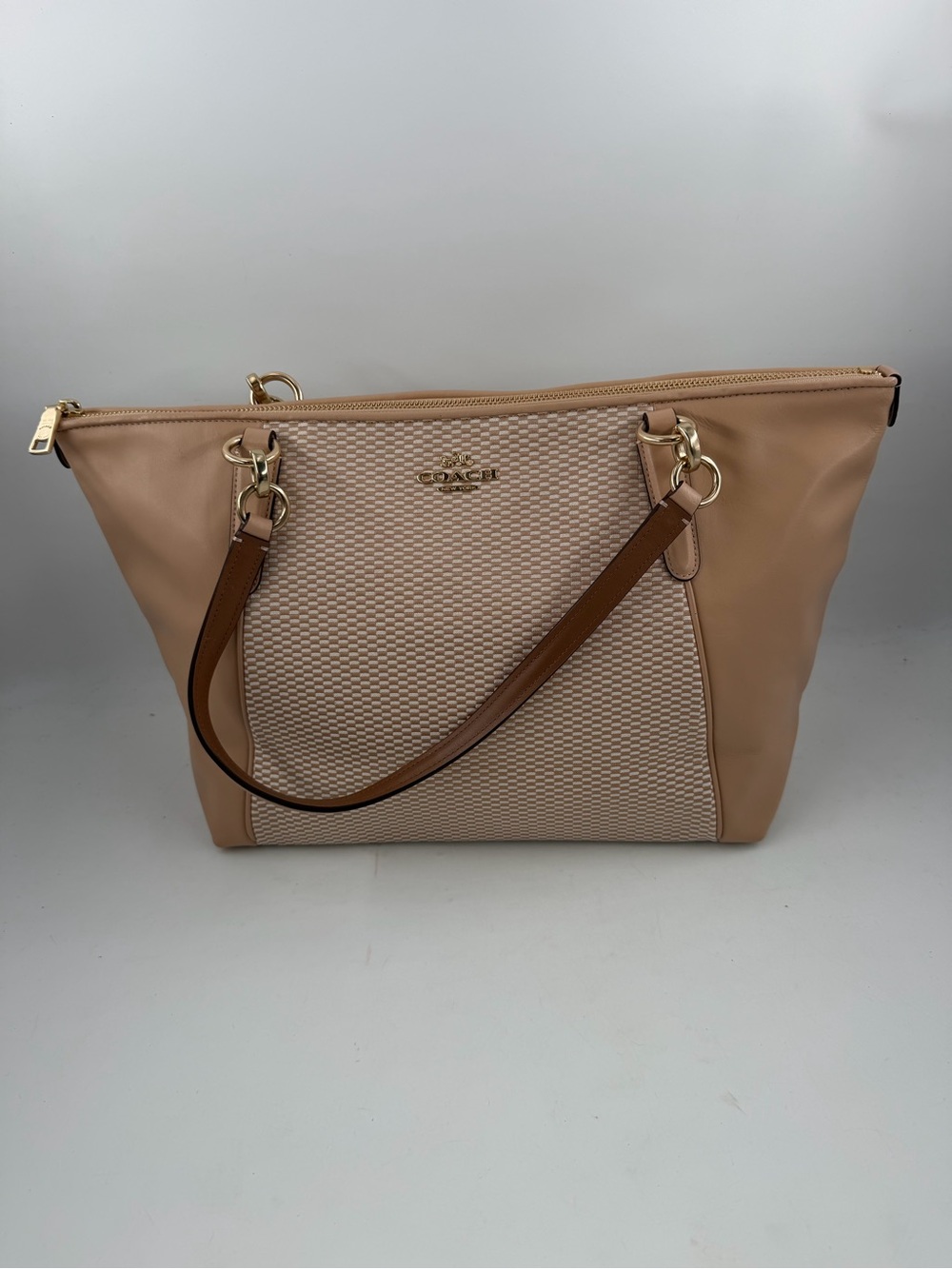 Coach Women’s Ava Legacy Jacquard Cream Tan Large Tote Shoulder Bag